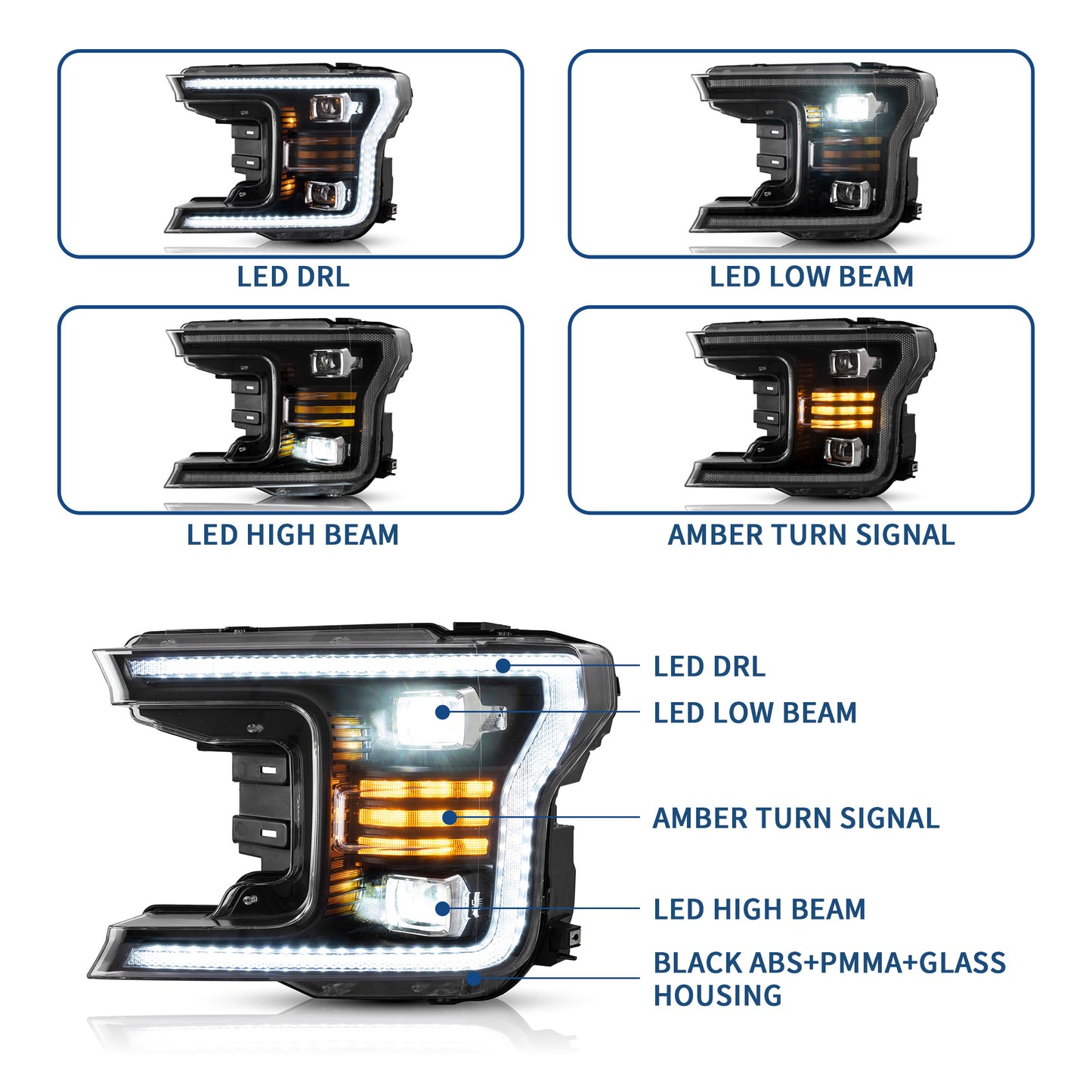 18-20 Ford F150 Vland V.2 LED Dual Beam Projector HeadLights